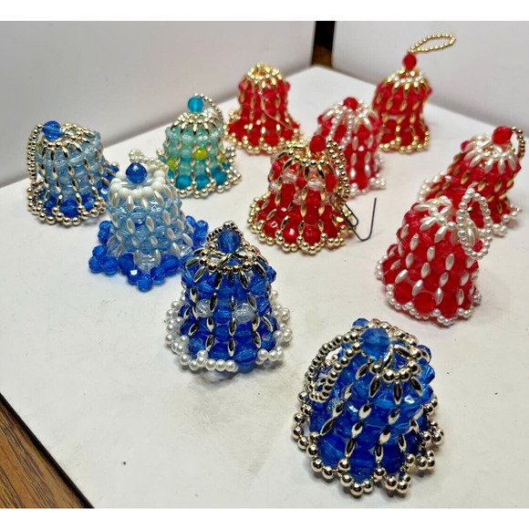 11 Vintage Beaded Bell Christmas Ornaments Blue Red Gold - Picture 2 of 3